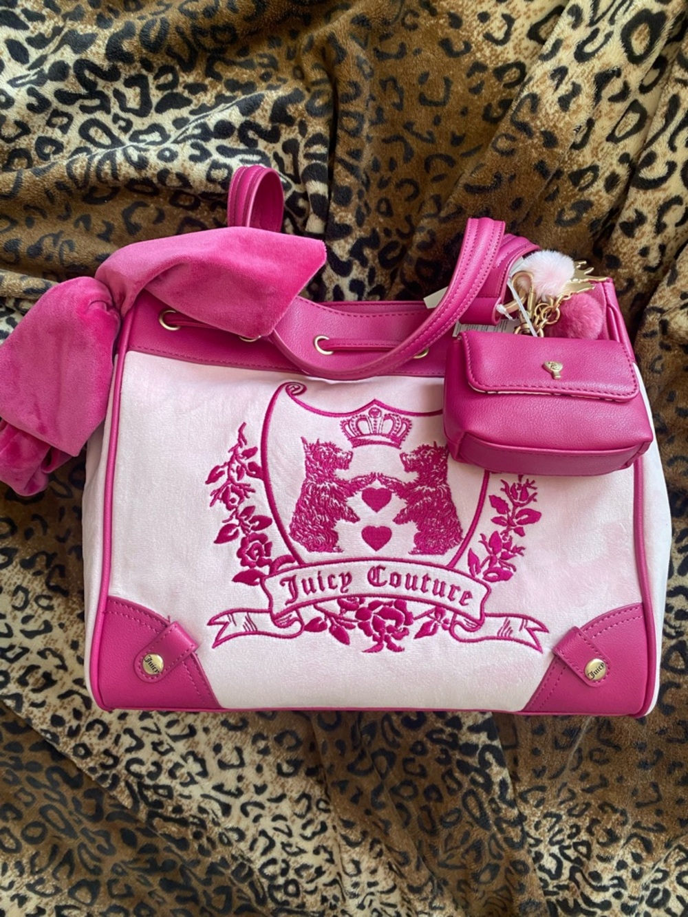Juicy Couture Hot Pink and Light Pink Embroidered Crest Tote